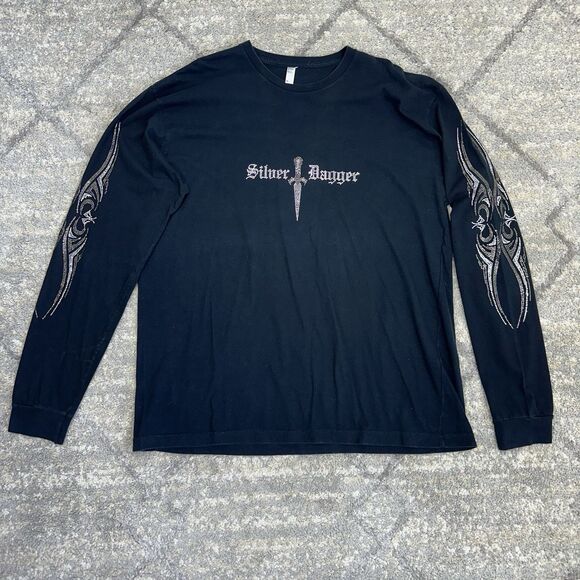 Silver Dagger Men's Embellished Ram Skull T-shirt Black 2XL Long Sleeve Biker - Picture 4 of 10